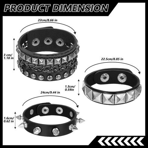 3 PCS Punk Rock Studded Bracelets ، Spiked Sudded Bracelet Cuff 80s Emo Goth Jewelry Accessories Wristband قابل للتعديل in Kuwait