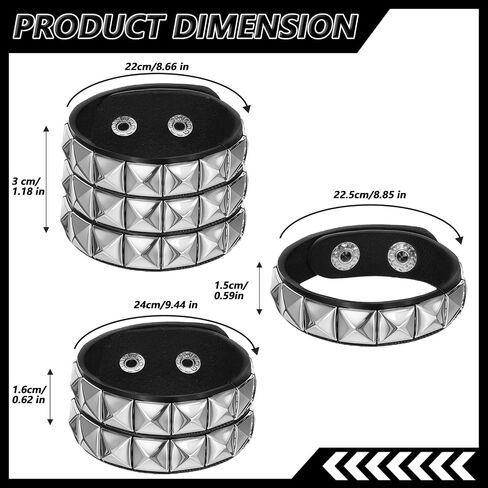 3 PCS Punk Rock Studded Bracelets ، Spiked Sudded Bracelet Cuff 80s Emo Goth Jewelry Accessories Wristband قابل للتعديل in Kuwait