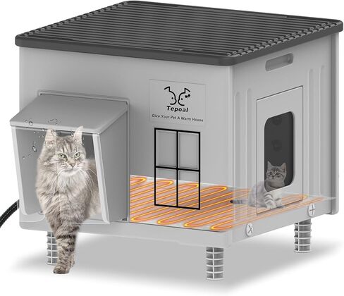 Indestructible Heated Cat House for Outdoor Cats in Winter, 100% Waterproof & Weatherproof Heated Cat House for Outside, Fully Insulated Feral Cat Shelter for Outdoor Barn Strays, 16 x 12 x 13 in in Kuwait