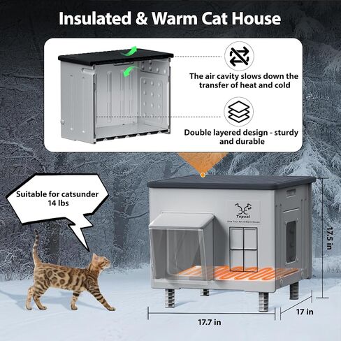 Indestructible Heated Cat House for Outdoor Cats in Winter, 100% Waterproof & Weatherproof Heated Cat House for Outside, Fully Insulated Feral Cat Shelter for Outdoor Barn Strays, 16 x 12 x 13 in in Kuwait