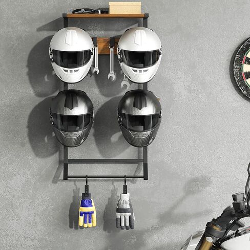 HOOBRO Motorcycle Helmet Rack Wall Mount, Helmet Holder with Hanging Rod, Storage Display Rack with 2 Glove Clamps and 4 Hooks, for Motorcycle Gear and Accessories, Rustic Brown and Black BF02TK01 in Saudi Arabia