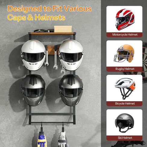 HOOBRO Motorcycle Helmet Rack Wall Mount, Helmet Holder with Hanging Rod, Storage Display Rack with 2 Glove Clamps and 4 Hooks, for Motorcycle Gear and Accessories, Rustic Brown and Black BF02TK01 in Saudi Arabia