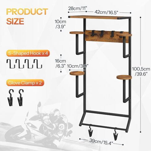 HOOBRO Motorcycle Helmet Rack Wall Mount, Helmet Holder with Hanging Rod, Storage Display Rack with 2 Glove Clamps and 4 Hooks, for Motorcycle Gear and Accessories, Rustic Brown and Black BF02TK01 in Saudi Arabia