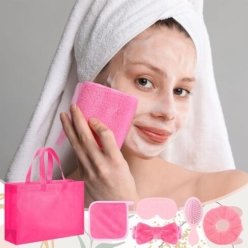 Hoteam 36 Pcs Pink Sleepover Party Supplies for Women Girls Spa Headband Eye Mask Hair Scrunchie Tote Bag Wash Cloths Hairbrush Sleeping Stuff Accessories for Slumber Party Favors Gift in Saudi Arabia