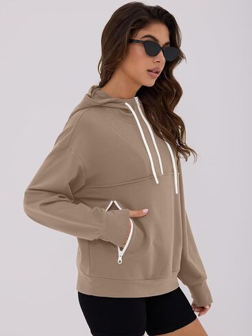 هوديز نسائية Zaful Half zip Up 2025 Fall Fashion Sweatshirts مع جيوب على النقيض من ملابس السحب in Saudi Arabia