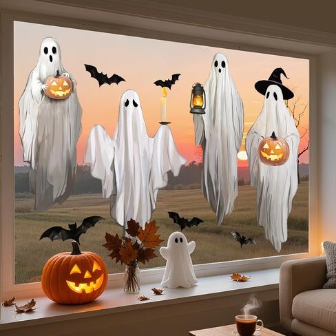 Extra Large Halloween Ghost Window Clings Black Bat Watercolor Window Stickers Double-Sided Glass Decals for Home Classroom Office Party Decoration, 4 Sheets in Saudi Arabia