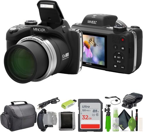 MINOLTA MN53Z 16 MP / 1080P FHD Bridge Digital Camera w/53x Optical Zoom (Purple) Bundle with 32GB Memory Card + Camara Bag + Cleaning Kit + Vlogging Tripod + Accessories in Kuwait