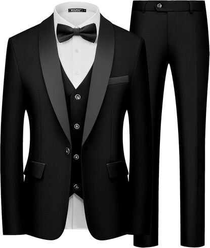 بدلة Wulful Men's 3 قطع الابتدائية Slim Fit Suit Suit Tuxedo Suit One Button Shawl Lapel Blazer Stake Stake Step for Prom ، Business in Kuwait