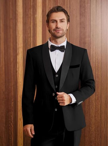 بدلة Wulful Men's 3 قطع الابتدائية Slim Fit Suit Suit Tuxedo Suit One Button Shawl Lapel Blazer Stake Stake Step for Prom ، Business in Kuwait
