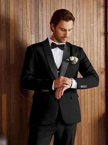 بدلة Wulful Men's 3 قطع الابتدائية Slim Fit Suit Suit Tuxedo Suit One Button Shawl Lapel Blazer Stake Stake Step for Prom ، Business in Kuwait