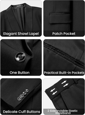 بدلة Wulful Men's 3 قطع الابتدائية Slim Fit Suit Suit Tuxedo Suit One Button Shawl Lapel Blazer Stake Stake Step for Prom ، Business in Kuwait