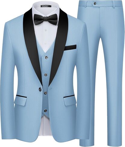 بدلة Wulful Men's 3 قطع الابتدائية Slim Fit Suit Suit Tuxedo Suit One Button Shawl Lapel Blazer Stake Stake Step for Prom ، Business in Kuwait