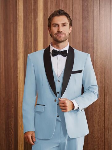 بدلة Wulful Men's 3 قطع الابتدائية Slim Fit Suit Suit Tuxedo Suit One Button Shawl Lapel Blazer Stake Stake Step for Prom ، Business in Kuwait