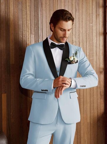بدلة Wulful Men's 3 قطع الابتدائية Slim Fit Suit Suit Tuxedo Suit One Button Shawl Lapel Blazer Stake Stake Step for Prom ، Business in Kuwait