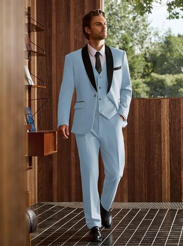 بدلة Wulful Men's 3 قطع الابتدائية Slim Fit Suit Suit Tuxedo Suit One Button Shawl Lapel Blazer Stake Stake Step for Prom ، Business in Kuwait