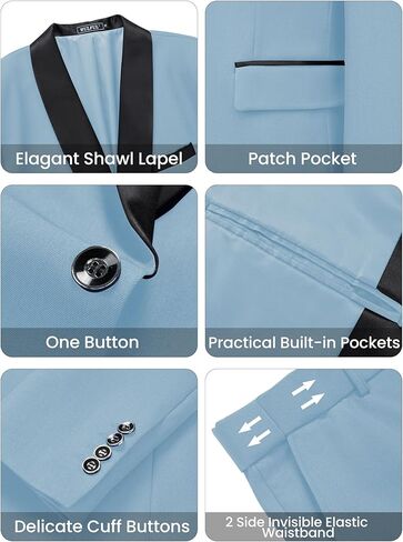 بدلة Wulful Men's 3 قطع الابتدائية Slim Fit Suit Suit Tuxedo Suit One Button Shawl Lapel Blazer Stake Stake Step for Prom ، Business in Kuwait