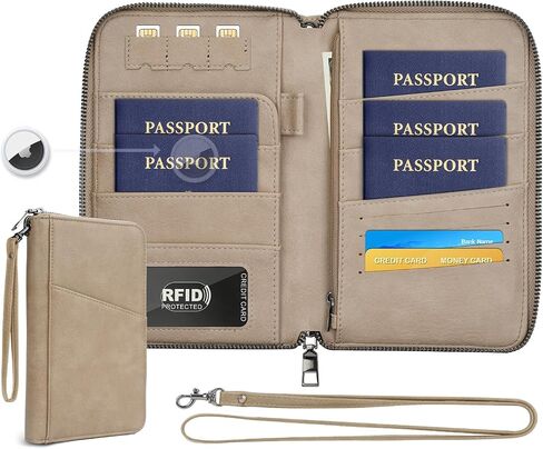 حامل جواز سفر الأسرة محفظة منظم وثيقة السفر RFID للنساء الرجال ، تغطية الحالات المحمولة للبطاقات ، تمريرة الصعود مع حزام معصم/رقبة ، جيب الجليد ، هدايا سفر أساسية -ضوء بني ، 1 مساءً in Kuwait