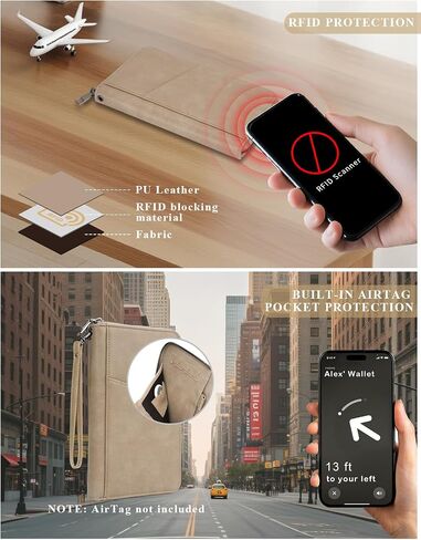 حامل جواز سفر الأسرة محفظة منظم وثيقة السفر RFID للنساء الرجال ، تغطية الحالات المحمولة للبطاقات ، تمريرة الصعود مع حزام معصم/رقبة ، جيب الجليد ، هدايا سفر أساسية -ضوء بني ، 1 مساءً in Kuwait