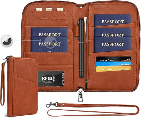 حامل جواز سفر الأسرة محفظة منظم وثيقة السفر RFID للنساء الرجال ، تغطية الحالات المحمولة للبطاقات ، تمريرة الصعود مع حزام معصم/رقبة ، جيب الجليد ، هدايا سفر أساسية -ضوء بني ، 1 مساءً in Kuwait