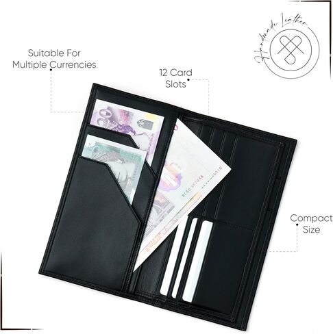 محفظة السفر حامل جواز السفر للرجال والنساء ، RFID يدويًا غطاء جلدي كامل للحبوب ، 12 فتحات البطاقة و 4 مقصورات ، صندوق هدايا وحقيبة ، أسود in Kuwait