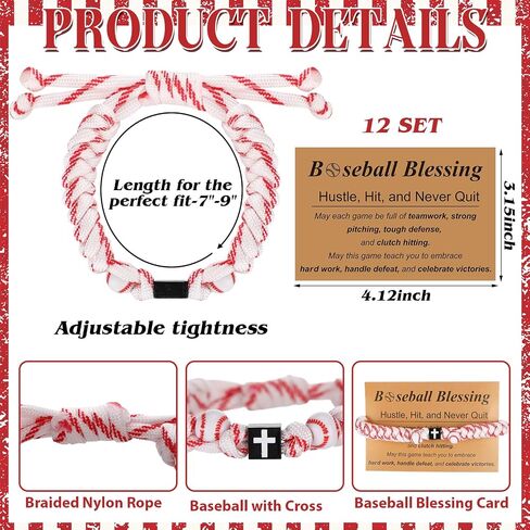 24 Pcs Christian Baseball Gifts for Teen 12 Cross Bracelets 12 Cards Adjustable Baseball Religious Bracelets Gifts in Saudi Arabia
