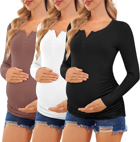 Ekouaer Women 3 حزمة قمصان الأمومة ذات الأكمام الطويلة ، قم بزر زر أسفل القمصان بعد الولادة. in Kuwait