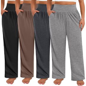 4 Pack Women's Plus Size Sweatpants Wide Leg High Waist Cotton Yoga Pants Casual Baggy Jogger Trousers with Pockets in Kuwait