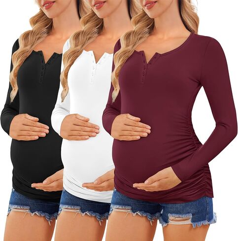 Ekouaer Women 3 Pack Maternity Shirts Long Sleeve Pregnancy Tops Button Down Postpartum Tees Scoop Neck Pregnant T Shirts in Saudi Arabia