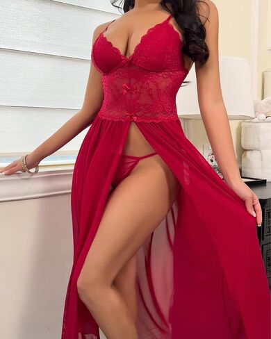 Women 2 قطعة من الدانتيل Bowknot v-Neck Spaghetti Strap Sheer Babydoll Lingerie مع Thong Nightwear Lounge Party Outfit in Saudi Arabia