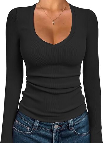 iGENJUN Women Long Sleeve V Neck Shirts for Women Business Casual Work Top Knit Slim Fit for Fall in Kuwait