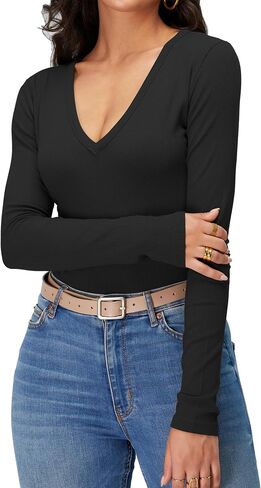 iGENJUN Women Long Sleeve V Neck Shirts for Women Business Casual Work Top Knit Slim Fit for Fall in Kuwait