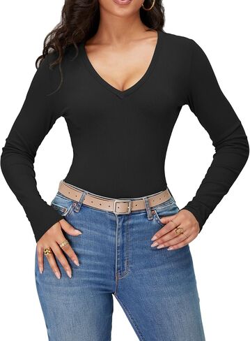 iGENJUN Women Long Sleeve V Neck Shirts for Women Business Casual Work Top Knit Slim Fit for Fall in Kuwait