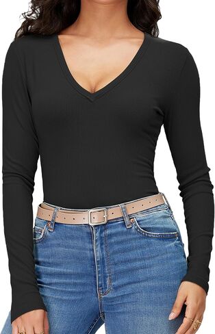 iGENJUN Women Long Sleeve V Neck Shirts for Women Business Casual Work Top Knit Slim Fit for Fall in Kuwait