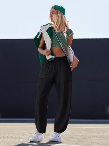 Laslulu Womens Baggy Wide Sweatpants غير رسمية مرنة عالية الخصر سروال الحريم مع جيوب in Saudi Arabia