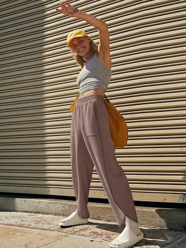 Laslulu Womens Baggy Wide Sweatpants غير رسمية مرنة عالية الخصر سروال الحريم مع جيوب in Kuwait