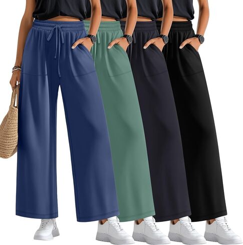 4 Pack Women's Lounge Pants Wide Leg Yoga Pants Drawstring Casual Elastic Sweatpants with Pockets Loose Casual in Kuwait