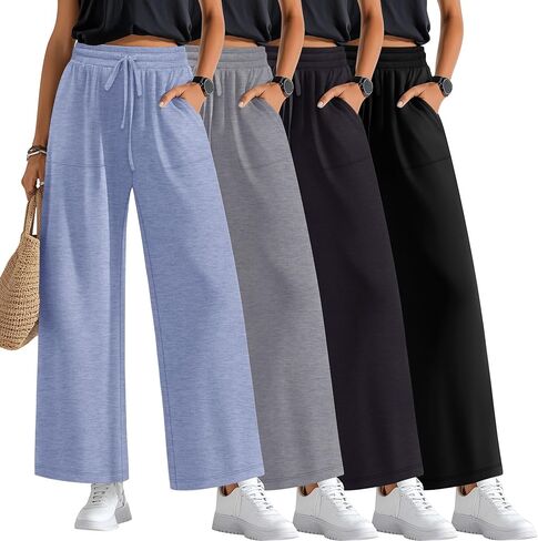 4 Pack Women's Lounge Pants Wide Leg Yoga Pants Drawstring Casual Elastic Sweatpants with Pockets Loose Casual in Kuwait