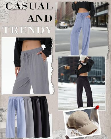 4 Pack Women's Lounge Pants Wide Leg Yoga Pants Drawstring Casual Elastic Sweatpants with Pockets Loose Casual in Kuwait
