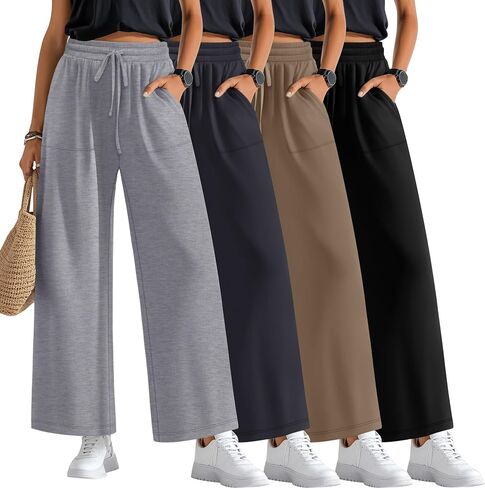 4 Pack Women's Lounge Pants Wide Leg Yoga Pants Drawstring Casual Elastic Sweatpants with Pockets Loose Casual in Kuwait
