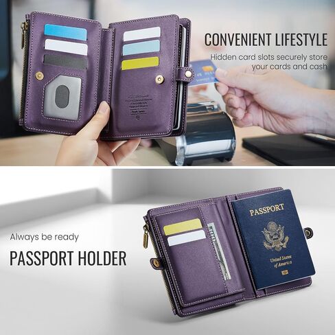 محفظة حامل جواز السفر ، 12 فتحات بطاقة RFID حظر منظم السفر ، جيب عملة سحاب وحزام معصم القابل للفصل in Kuwait