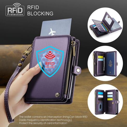 محفظة حامل جواز السفر ، 12 فتحات بطاقة RFID حظر منظم السفر ، جيب عملة سحاب وحزام معصم القابل للفصل in Kuwait