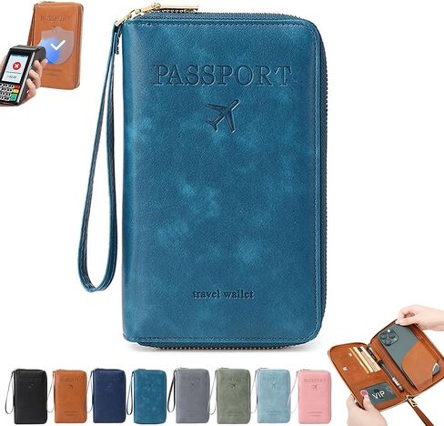 Rowgins Multi-Functional Rfid Passport Wallet, Rowgins Rfid Passport Holder for Travel Essentials, Anti-Theft Leather Travel Organizer for Cards & Tickets, and Cash (Peacock blue) in Kuwait