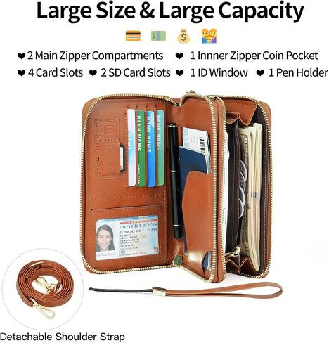 GOIACII Passport Wallet Travel Crossbody Bags for Women Wristlet Phone Purse Double Zip Vegan Leather Brown in Saudi Arabia