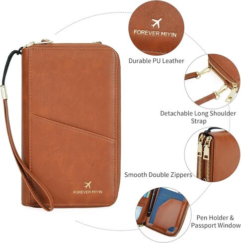 GOIACII Passport Wallet Travel Crossbody Bags for Women Wristlet Phone Purse Double Zip Vegan Leather Brown in Saudi Arabia