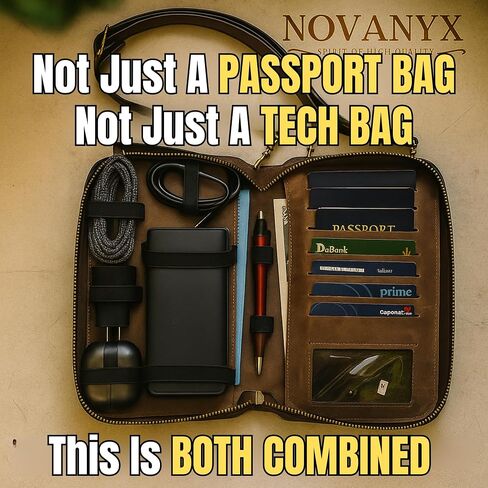 Novanyx 100 ٪ من جلد البقر الأصلي أول حامل جواز سفر جلدي + كومبو أكياس إكسسوارات التكنولوجيا-منظم السفر الكامل للحبة الخضار ، يمنع RFID All-in-One مع السحب الطبيعي (الزيت) in Saudi Arabia