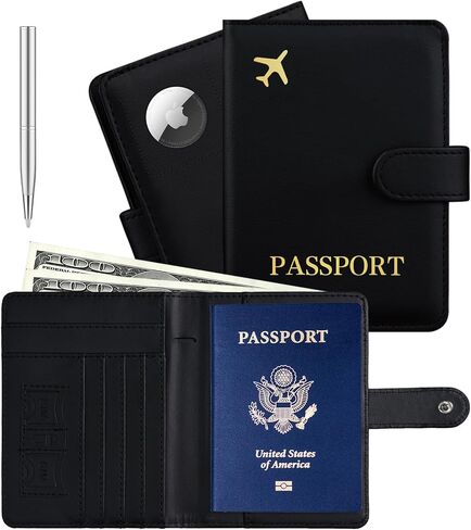 حامل جواز السفر مع فتحة Airtag Slot و Cards Cash Air Ticket Pocket ، محفظة السفر RFID ، وغطاء جواز السفر COVER Case Essentials Green in Kuwait