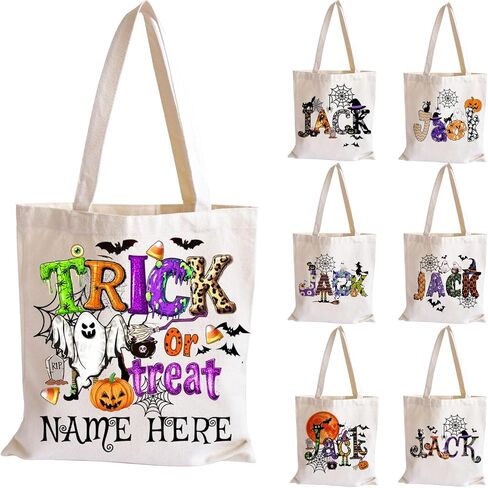 M YESCUSTOM Custom Name Canvas Halloween Tote Bags Personalized Goodie Handbag Basket Pumpkin&Skeleton Trick or Treat Bag in Saudi Arabia