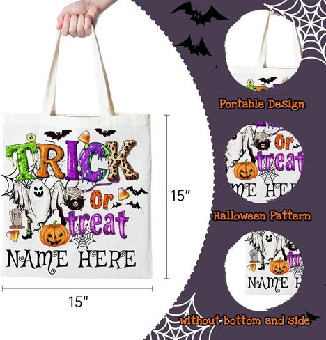 M YESCUSTOM Custom Name Canvas Halloween Tote Bags Personalized Goodie Handbag Basket Pumpkin&Skeleton Trick or Treat Bag in Saudi Arabia