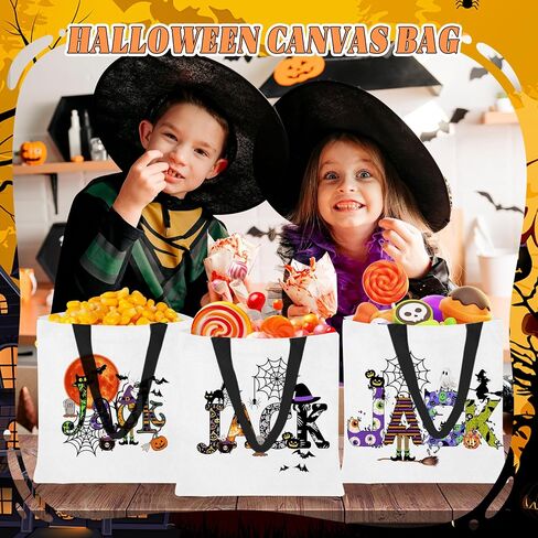 M YESCUSTOM Custom Name Canvas Halloween Tote Bags Personalized Goodie Handbag Basket Pumpkin&Skeleton Trick or Treat Bag in Saudi Arabia