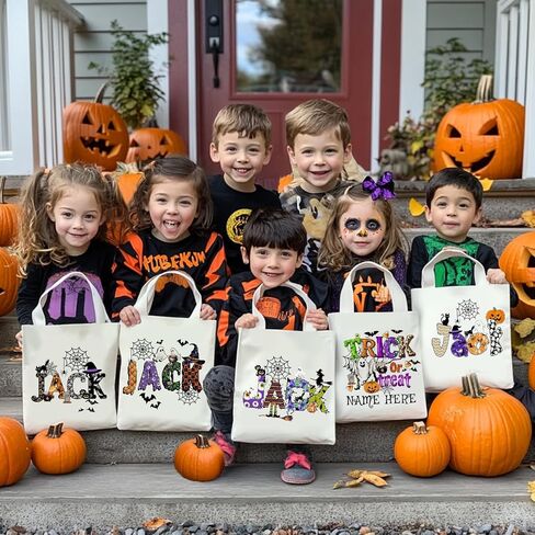 M YESCUSTOM Custom Name Canvas Halloween Tote Bags Personalized Goodie Handbag Basket Pumpkin&Skeleton Trick or Treat Bag in Saudi Arabia